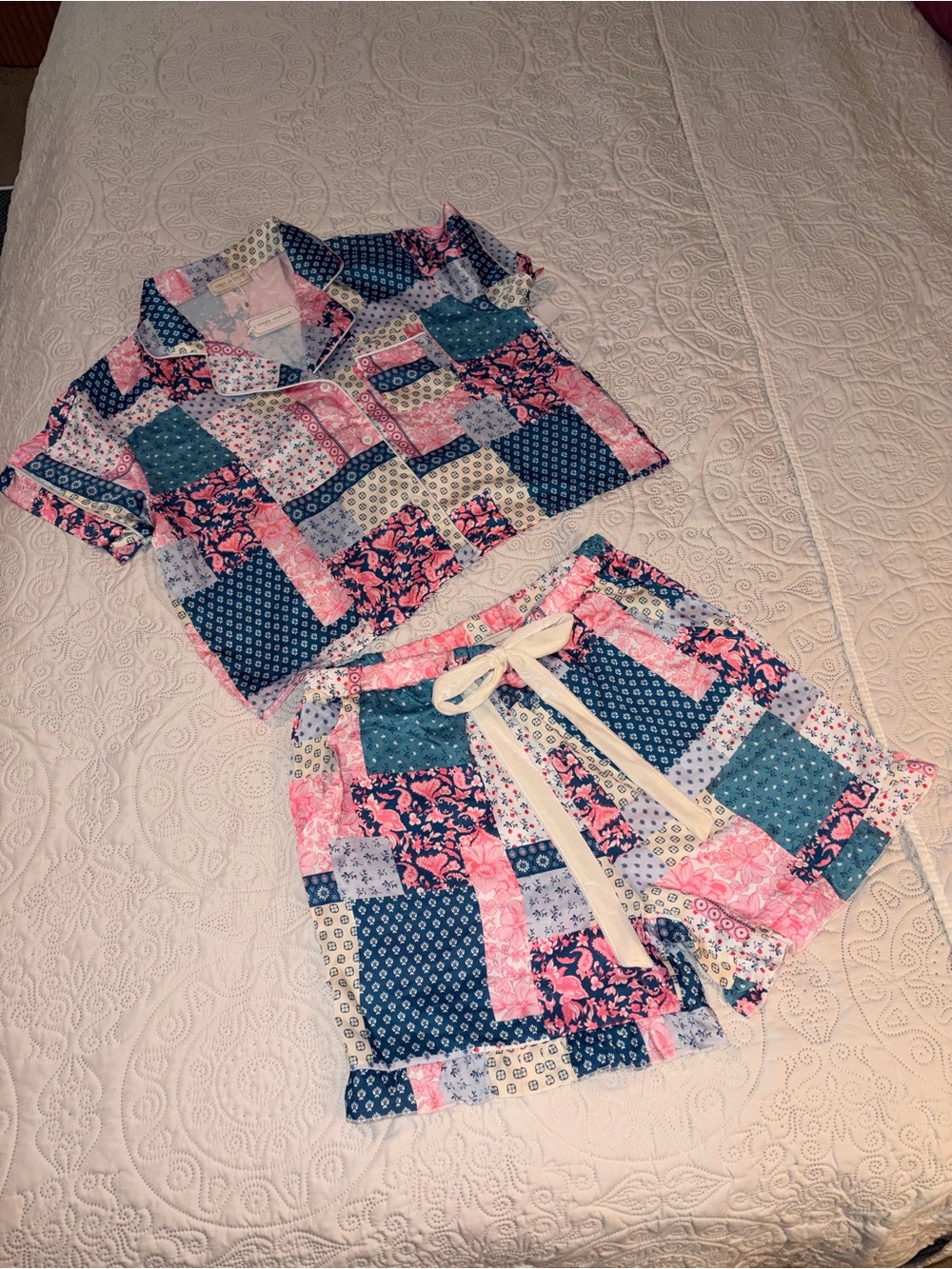 Womens Simply Southern Patchwork Short Pajama Set - Pink & Blue